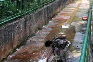 Một sĩ quan cảnh sát đang điều tra bên trong con kênh nơi tìm thấy xác của hai đứa trẻ.