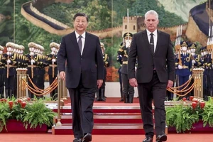 Chủ tịch Trung Quốc Tập Cận Bình (trái) và Chủ tịch Cuba Miguel Diaz-Canel trước cuộc hội đàm tại Bắc Kinh ngày 25-11.