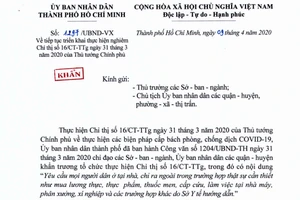 Văn bản khẩn của UBND TP.HCM về tiếp tục thực hiện nghiêm Chỉ thị 16 của Thủ tướng.