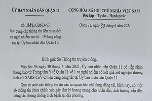 Quận 11, TP.HCM, thông báo về ca nghi nhiễm là cán bộ UBND quận 