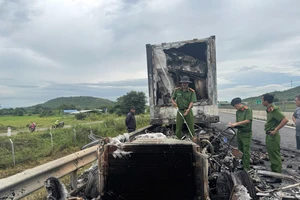 Xe đông lạnh chở trái cây cháy rụi trên cao tốc Vĩnh Hảo - Phan Thiết