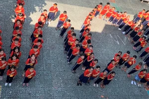 Học trò xếp thành dòng chữ: Tôi yêu Việt Nam. Ảnh: NTCC