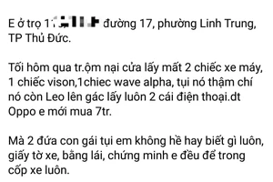 Thông tin vụ trộm lấy xe máy, rồi lên tận giường lấy điện thoại hai cô gái 