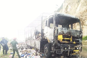 Xe tải chở hàng cháy rụi khi đang lên dốc