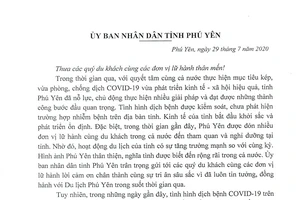 UBND tỉnh Phú Yên xin lỗi du khách vì dịch COVID-19