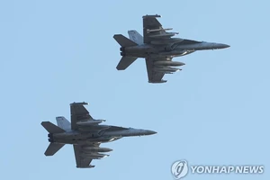 Máy bay tác chiến điện tử EA-18G bay trên bầu trời Căn cứ Không quân Osan, tỉnh Gyeonggi (Hàn Quốc) ngày 2-11 trong cuộc tập trận không quân Vigilant Storm của quân đội Mỹ và Hàn Quốc. Ảnh: YONHAP