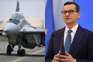 Thủ tướng Ba Lan Mateusz Morawiecki và máy bay phản lực MiG-29. Ảnh: PAP