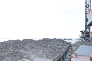 Lực lượng chức năng bắt quả tang một cần cẩu cát đang trộm cát trên sông Cổ Chiên. Ảnh: N.Đ