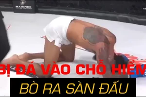 Bò quanh võ đài sau khi bị đối thủ đá vào chỗ hiểm