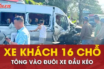 Cận cảnh xe khách tông xe đầu kéo đang dừng trên Quốc lộ 14