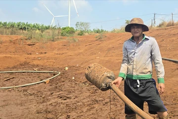 Ao hồ trơ đáy vì khô hạn kéo dài, nông dân vét từng giọt nước tưới cây