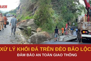 CSGT xử lý khối đá nằm chênh vênh trên đèo Bảo Lộc, ngăn nguy cơ rơi xuống Quốc lộ 20