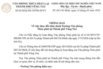 Văn phòng Thừa phát lại TP Vũng Tàu thông báo thay đổi Trưởng văn phòng từ ngày 17-3-2026