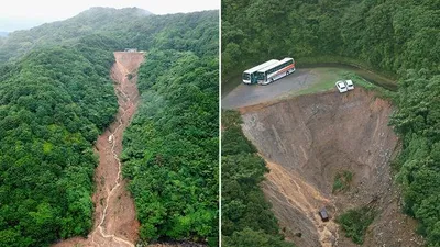 Hai xe buýt suýt rơi xuống vực vì trận lở đất lớn ở Nhật Bản