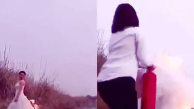 Clip: Cô dâu đốt váy tạo dáng chụp ảnh cưới gây xôn xao