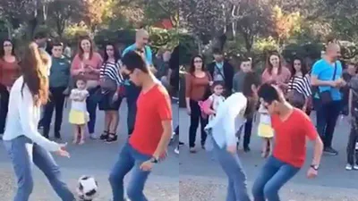 Cô gái lừa bóng điêu luyện khiến 2 thanh niên chào thua