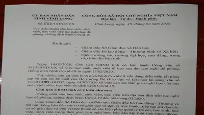 Văn bản của UBND tỉnh Vĩnh Long chấp thuận cho học sinh nghỉ học đến hết tháng 2 để né dịch Covid-19