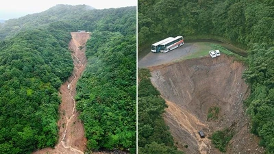 Hai xe buýt suýt rơi xuống vực vì trận lở đất lớn ở Nhật Bản