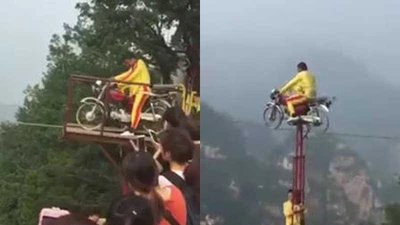 Thót tim khi xem 2 diễn viên xiếc lái xe trên dây