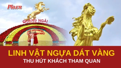 Linh vật ngựa dát vàng khổng lồ thu hút khách tham quan ở Quảng Ngãi