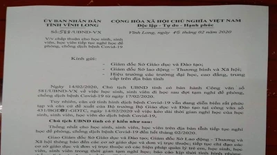 Văn bản của UBND tỉnh Vĩnh Long chấp thuận cho học sinh nghỉ học đến hết tháng 2 để né dịch Covid-19