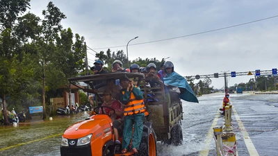 Nước ngập sâu, máy cày kiếm tiền triệu trên Quốc lộ 1