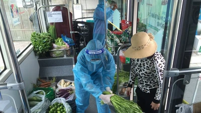 Chùm ảnh: Người dân xếp hàng mua rau trên xe buýt di động