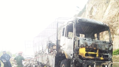 Xe tải chở hàng cháy rụi khi đang lên dốc