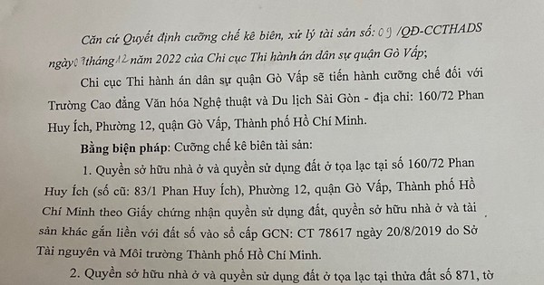 Cưỡng chế kê biên tài sản Trường Cao đẳng Văn hóa Nghệ thuật và Du lịch Sài Gòn