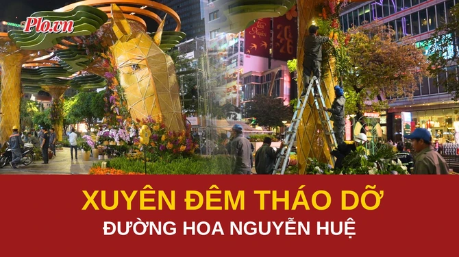 Tất bật dọn dẹp đường hoa Nguyễn Huệ trong đêm