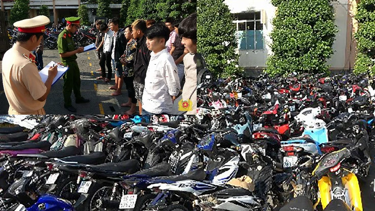 Công an làm việc với nhóm đua xe (ảnh nhỏ) và tang vật đua xe trái phép trên quốc lộ 1 vào rạng sáng 11-4 bị bắt giữ.