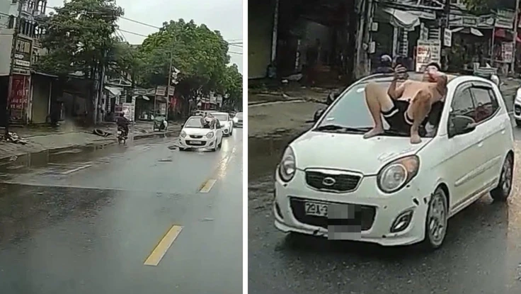 Bị đòi lại xe, con rể cởi trần nằm trên nắp capo nhưng bố vợ vẫn lái xe chạy