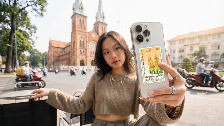 Một bạn trẻ (Gen Z) ăn mặc năng động, tay cầm chiếc điện thoại có ốp lưng trong suốt. Phía sau ốp lưng lấp ló chiếc Thẻ vàng Travel Card 0.1 chỉ rực rỡ màu sắc.