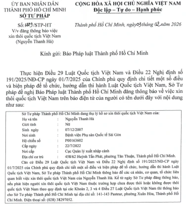 Sở Tư pháp thông báo thôi quốc tịch Việt Nam của Nguyễn Thanh Hà