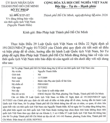 Sở Tư pháp thông báo thôi quốc tịch Việt Nam của Nguyễn Thanh Hiền