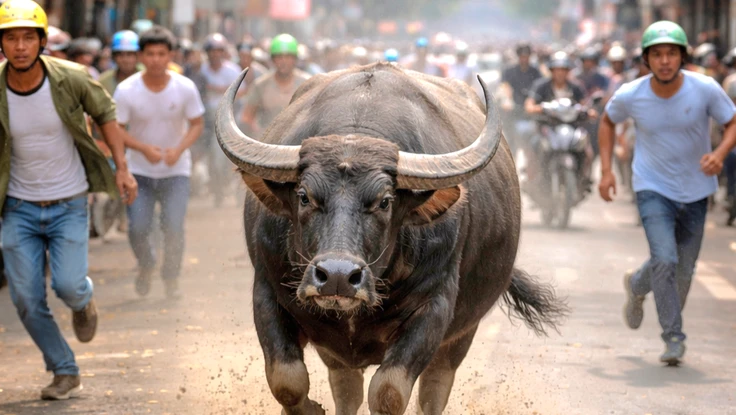 Trâu đực lao ra đường húc nhiều người bị thương