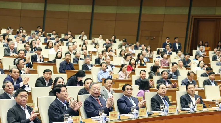 Các đồng chí lãnh đạo Đảng, Nhà nước và đại biểu tham dự Hội nghị tổng kết thực hiện Nghị quyết 18-NQ/TW.