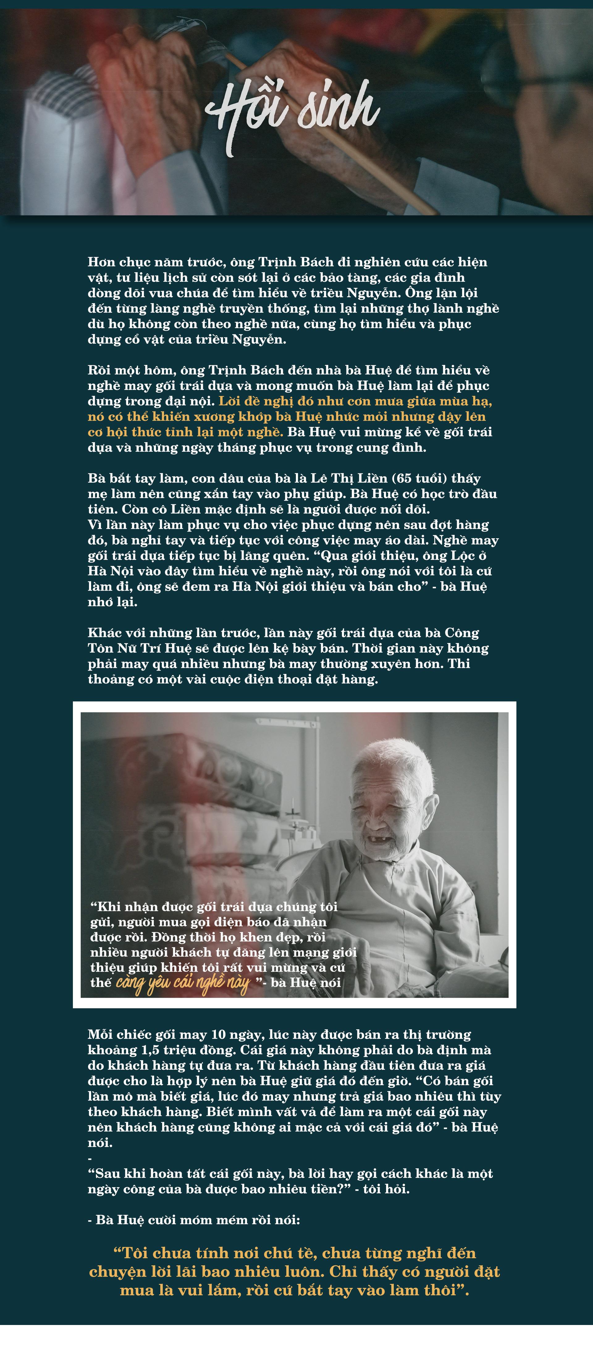 Cụ bà gần 100 năm lưu giữ nghề may gối cung đình Huế - Ảnh 6