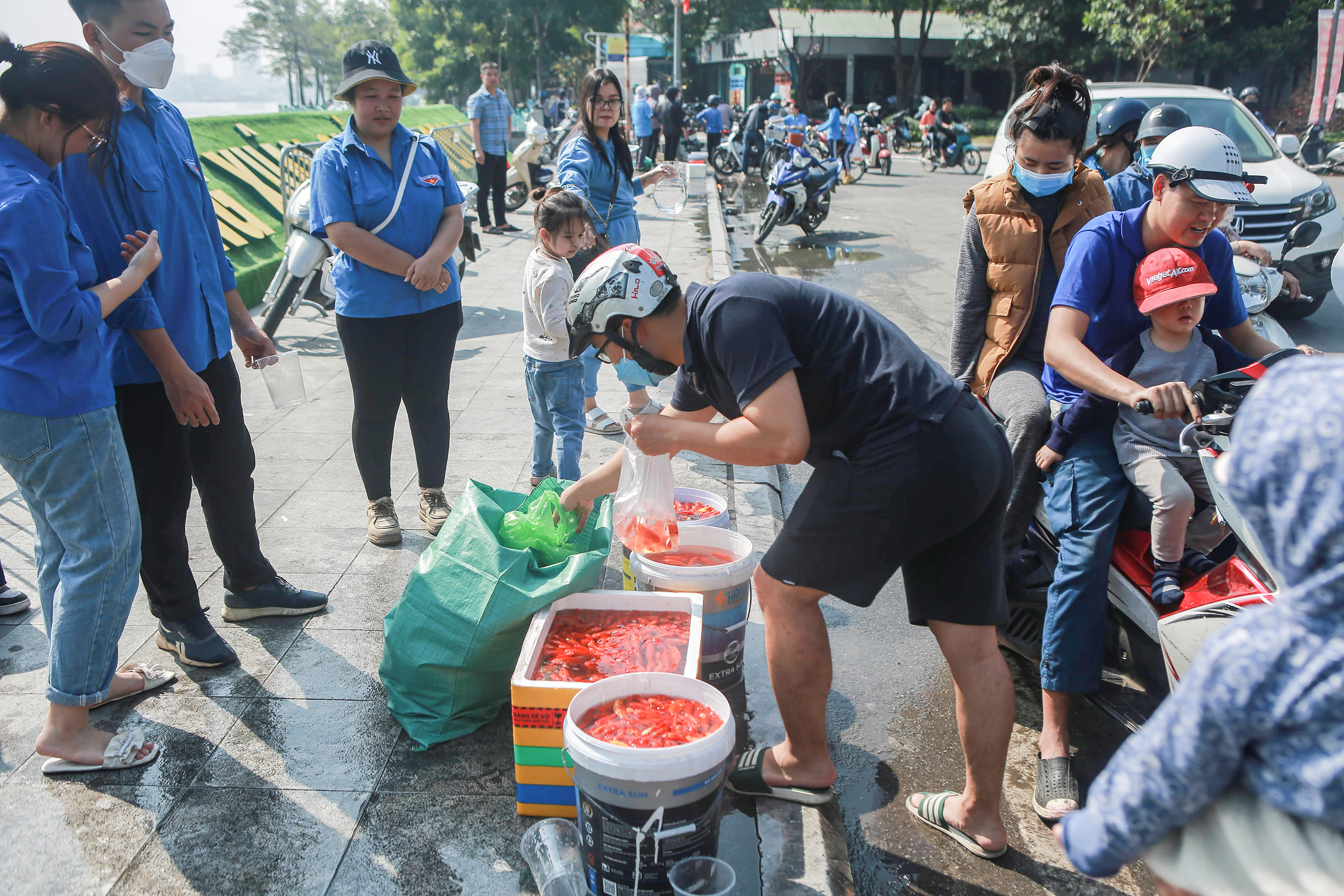 Ấn tượng: Tình nguyện viên ở Hà Nội hỗ trợ người dân thả cá chép, thu gom túi ni lông 
