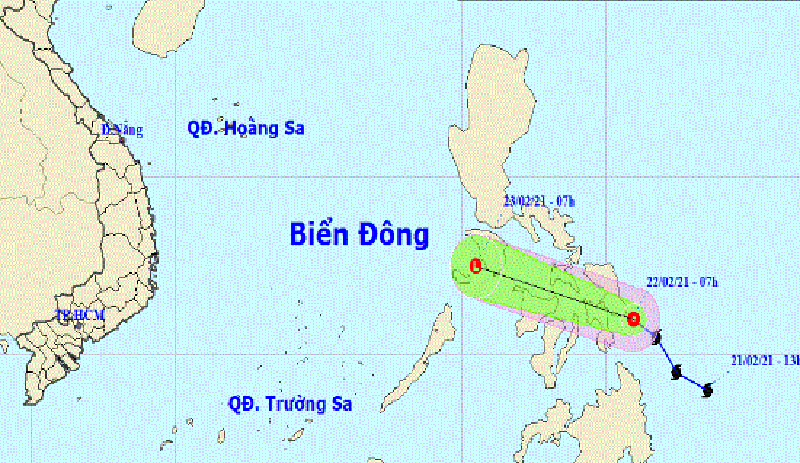 Vị trí và đường đi của bão Dujuan. Ảnh: KTTVQG