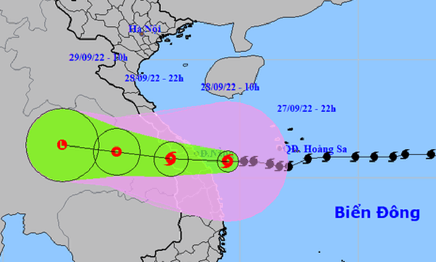 Đường đi của bão số 4 cập nhật lúc 23 giờ. Ảnh: NCHMF
