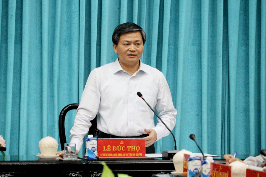 Ông Lê Đức Thọ - Bí thư Tỉnh ủy Bến Tre phát biểu tại buổi làm việc. Ảnh: A.T