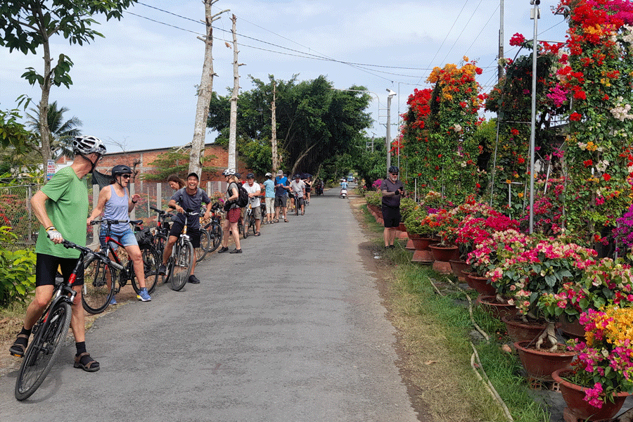 Khách du lịch nước ngoài tham quan làng hoa giấy. Ảnh: Đ.HÀ