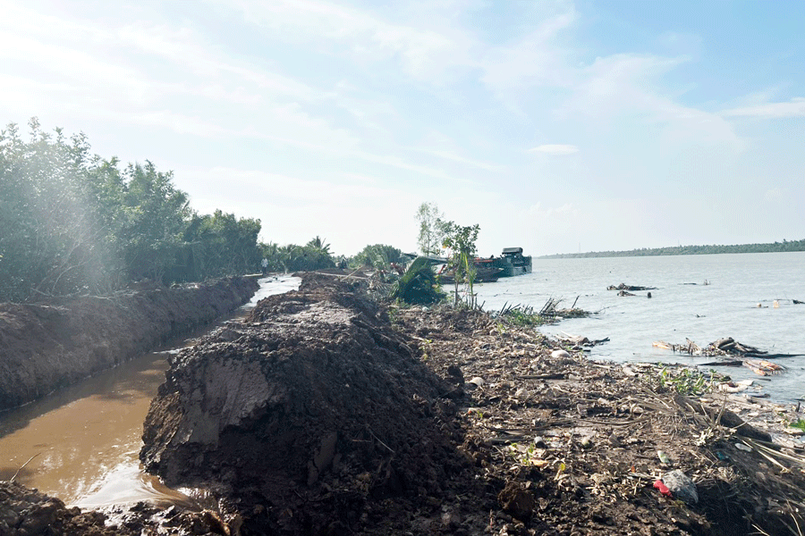 Đang thi công dự án nâng cấp, gia cố chống sạt lở đê bao cồn Tam Hiệp. Ảnh: PV