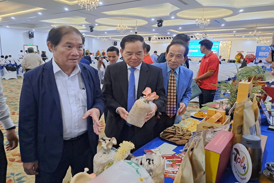 Lãnh đạo tỉnh Bến Tre cùng doanh nghiệp tham quan các sản phẩm trưng bày tại diễn đàn. Ảnh: ĐÔNG HÀ daonhnghiep2.gif