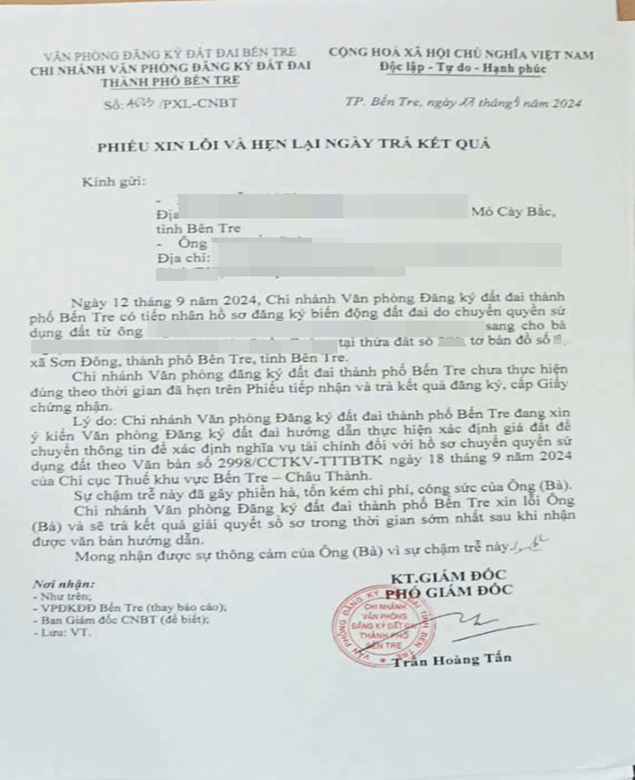 Chi nhánh VPĐKĐĐ TP Bến Tre xin lỗi người dân và thông báo sẽ trả kết quả sớm nhất nhưng chưa có thời gian cụ thể Bến Tre: Hơn 5.000 hồ sơ đất đai tồn đọng do “tắc” ở khâu tính thuế