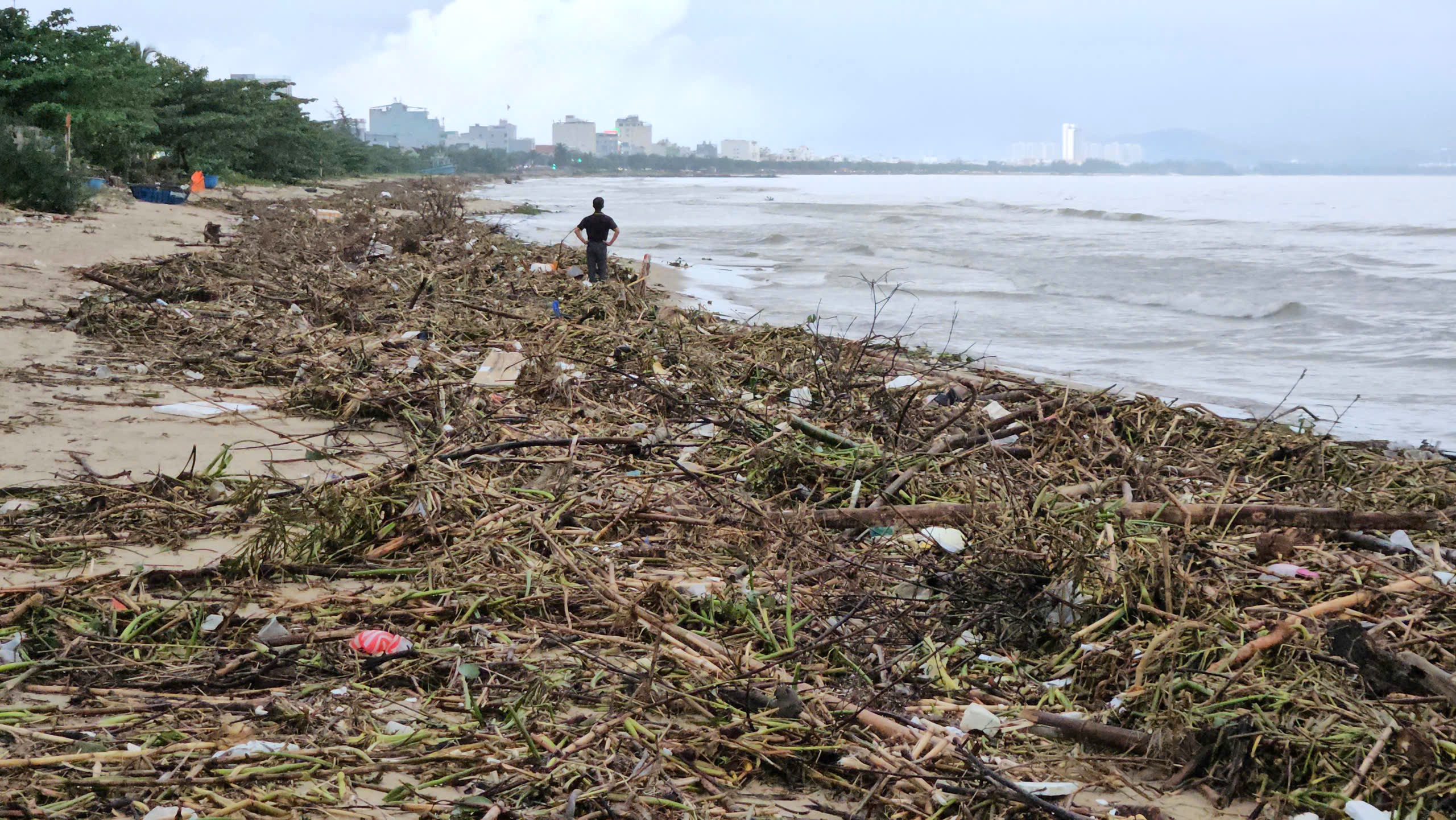 Bờ biển vịnh Đà Nẵng ngập ngụa rác thải sau lũ dữ