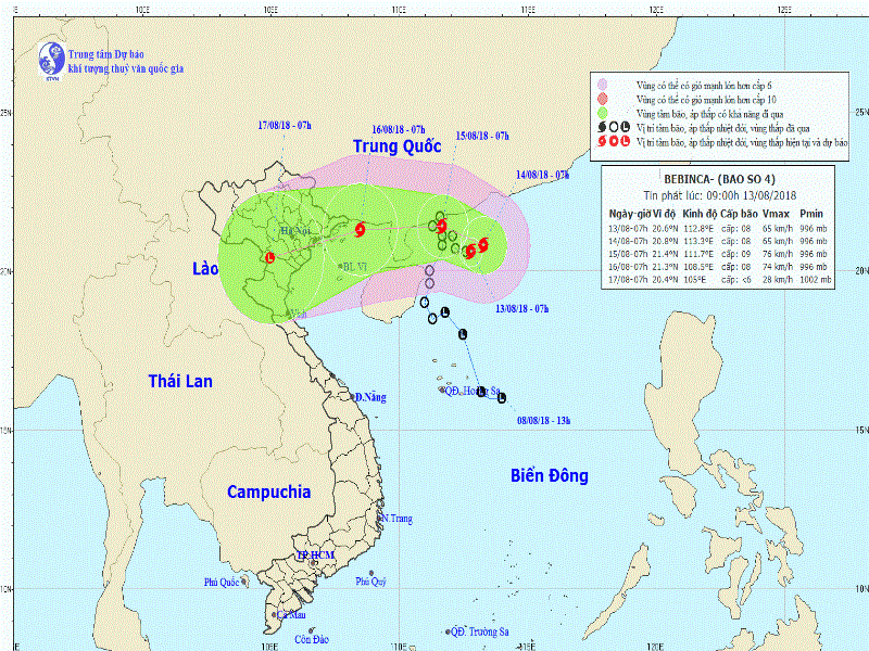 Bão số 4 hướng vào vịnh Bắc bộ