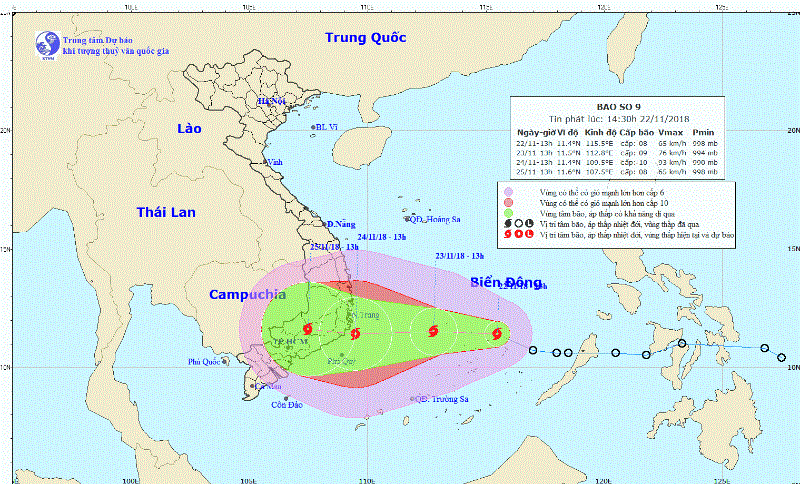 Bão số 9 giật cấp 12 hướng thẳng vào Nam Trung bộ