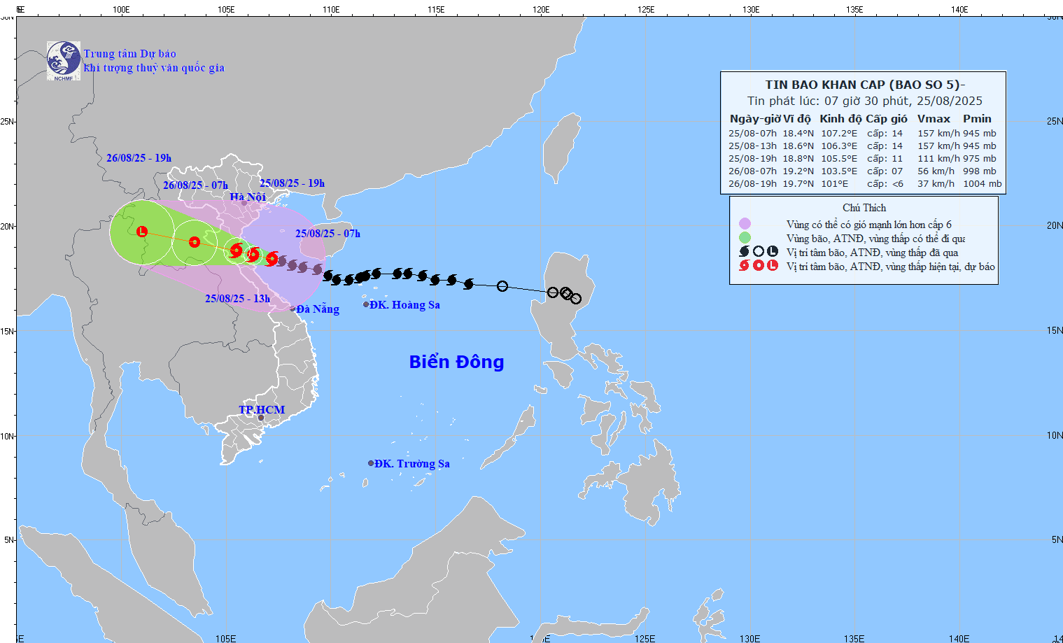Hướng đi của cơn bão số 5.
